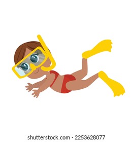 The girl swims in fins and a mask for scuba diving. Child illustration in cartoon style isolated on white background. Children's activity underwater.