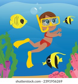 The girl swims in fins and a mask for scuba diving. Child illustration in cartoon style. Children's activity underwater.