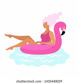 The girl swims on an inflatable circle in the shape of a pink Flamingo. Vector illustration
