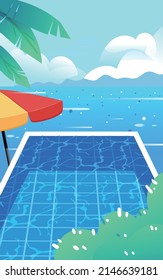 Girl swims in the pool by the sea, vector illustration
