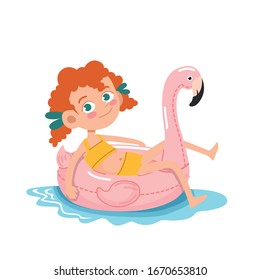 girl swims in the sea on a circle air mattress vector illustration