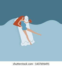 Girl swims in the sea on an inflatable mattress in a swimsuit glasses with long red hair and sunbathes. Flat female cartoon characters. Summer time concept design. 