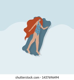 Girl swims in the sea on an inflatable mattress in a swimsuit glasses with long red hair and sunbathes. Flat female cartoon characters. Summer time concept design. 