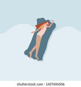 Girl swims in the sea on an inflatable mattress in a swimsuit glasses with long red hair and sunbathes. Flat female cartoon characters. Summer time concept design. 