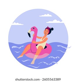 A girl swims in the sea on an inflatable flamingo ring. Funny young woman enjoys summer and life. Vector illustration in a flat style. 