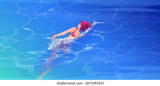 Girl swims in sea water top view. Concept of summer resort on ocean beach, water sports and leisure activity. Vector cartoon illustration of woman in bikini in swimming pool or lake