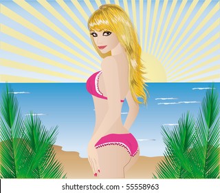 A girl in a swimsuit at the beach. Vector illustration.