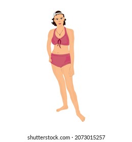 A girl in a swimsuit, a cap. Color drawing on a white background.