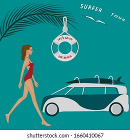 Girl in a swimsuit, car, lifebuoy - vector. Banner. Camping. Surfer Tourism