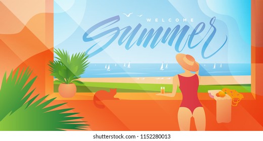 Girl in swimsuit with cocktail in hand enjoying ocean view. Summer and tropical background. The beginning of summer holidays. Yachts in the ocean. Summer recreation