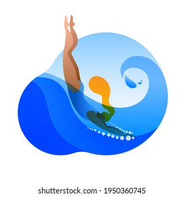 A girl in a swimsuit dives into the water. Vector sticker or icon on the theme of swimming.