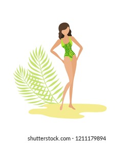 Girl Swimsuit Flat Style Palm Leaves Stock Vector Royalty Free Shutterstock