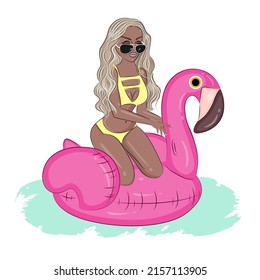 A girl in a swimsuit floats on a pink inflatable flamingo, Summer party with inflatable circle for holiday posters, banner, textile, packaging