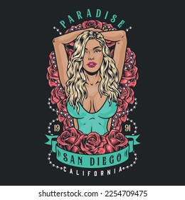 Girl in swimsuit flyer colorful beautiful lady stands among red roses and necklace inviting you to California coast vector illustration