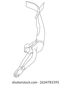 Girl in Swimsuit Freediving Underwater, line art
