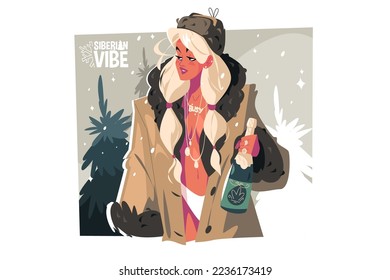 Girl in swimsuit and fur coat holding bottle of wine vector illustration. Winter and siberian vibe concept