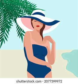 Girl in swimsuit and hat with large fields on the beach by the sea. Palm trees sun sea vacation. Vector flat illustration. Vacation at sea. 