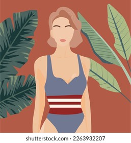 Chica en traje de baño y sombrero con grandes campos en la playa a orillas del mar. Plátanos de vacaciones en el mar. Ilustración plana vectorial. Vacaciones en el mar. Buena chica con traje de baño azul y sombrero en la playa. 