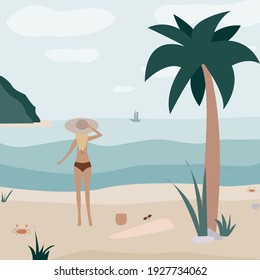 Girl in a swimsuit and a hat on the beach. A ship on the horizon. Crabs and palm trees