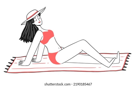 A girl in a swimsuit and a hat is sunbathing on the beach. The character is a woman in a linear doodle style. Vector illustration.