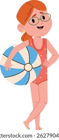 A girl in a swimsuit holds a beach ball, drawn in a cheerful cartoon style.  A young lady with glasses enjoys a summer day playing with a big sphere. Cartoon vector illustration