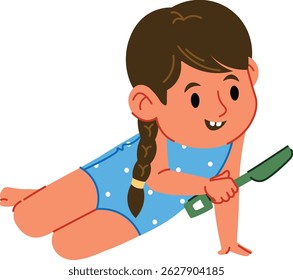 Menina de maiô segura uma ferramenta de jardim enquanto está deitada no chão em um estilo de desenho animado divertido. A criança com uma trança parece alegre e envolvida em uma atividade ao ar livre. Ilustração de vetor de desenhos animados.