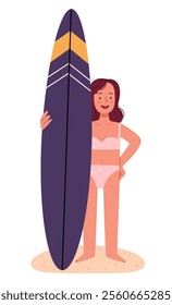 A girl in a swimsuit holds a surfboard. Illustration in a naive style.Happy young woman in bikini, carrying surfboard, walking on beach on summer holiday.