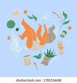 A girl in a swimsuit immerses herself in eco-awareness surrounded by eco-friendly objects, leaves and oranges
