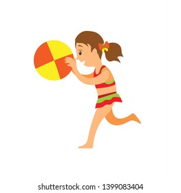 Girl in swimsuit with inflatable ball, beach game vector. Kid in swimwear, sport equipment, volleyball or outdoor summer activity isolated female character