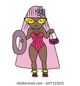 A girl in a swimsuit with an inflatable circle and a purse . Vector design for banners and postcards.