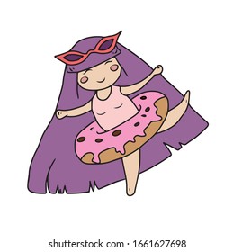 Chica en traje de baño en un círculo inflable. Diseño vectorial para banners y postales. Gente