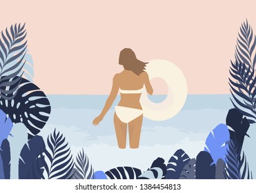 Girl in a swimsuit with an inflatable ring on the sea background in blue palm leaves frame Vector flat illustration