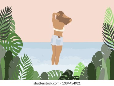 Girl in a swimsuit and jeans on the sea background in green palm leaves frame Vector flat illustration