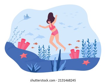 Girl in swimsuit jumping into sea flat vector illustration. Young woman in snorkel and mask diving alone, watching reef and marine animals. Ocean, underwater concept