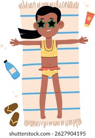 A girl in a swimsuit lies on a striped beach towel with sunglasses. She enjoys the sun surrounded by sandals, sunscreen, and a bottle. Cartoon vector illustration.