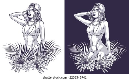Girl in swimsuit logotype monochrome leaves and flowers of exotic plants under lady demonstrating beach looks for vacation vector illustration