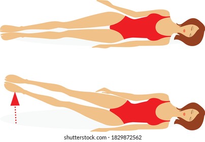 Girl in a swimsuit lying  on the floor does exercises to strengthen the muscles of the abdominal press, back and legs. Vector illustration isolated on white background
