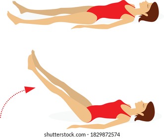 Girl in a swimsuit lying  on the floor does exercises to strengthen the muscles of the abdominal press, back and legs. Vector illustration isolated on white background