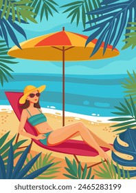 A girl in a swimsuit on the beach. Vacation on the beach under an umbrella. Summer time. Summer poster, banner, card. Holidays by the sea, relaxation, vacation concept. 