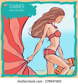 Girl in a swimsuit on the beach. Vector illustration.