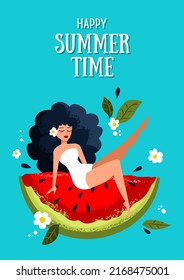 Girl in a swimsuit on a piece of watermelon. Summer mood illustration. Bikini, Pool party, beach. Vector template for card, poster, flyer, banner and other