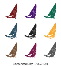 Girl in swimsuit on a sailing boat.The athlete involved in sailing at sea .active sports single icon in black style vector symbol stock illustration.