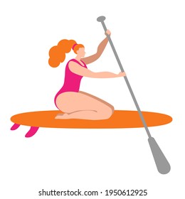 A girl in a swimsuit with a paddle sits on a surfboard. Isolated vector illustration in a flat style.