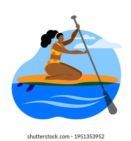 A girl in a swimsuit with a paddle sits on a surfboard. Vector icon in a flat style on the theme of surfing.