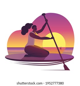 A girl in a swimsuit with a paddle sits on a surfboard. Vector icon in a flat style on the theme of surfing.