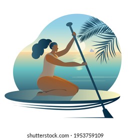 A girl in a swimsuit with a paddle sits on a surfboard. Vector icon in a flat style on the theme of surfing.