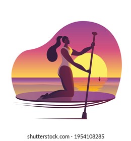 A girl in a swimsuit with a paddle sits on a surfboard. Vector icon or sticker in a flat style on the theme of surfing.