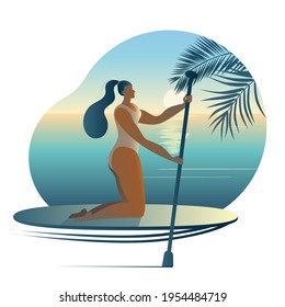 A girl in a swimsuit with a paddle sits on a surfboard. Vector icon or sticker in a flat style on the theme of surfing.