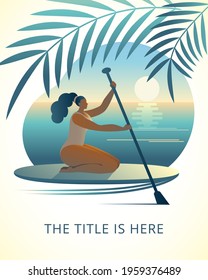 A girl in a swimsuit with a paddle sits on a surfboard. Template for a cover or vertical banner.