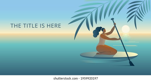 A girl in a swimsuit with a paddle sits on a surfboard. Horizontal banner template.